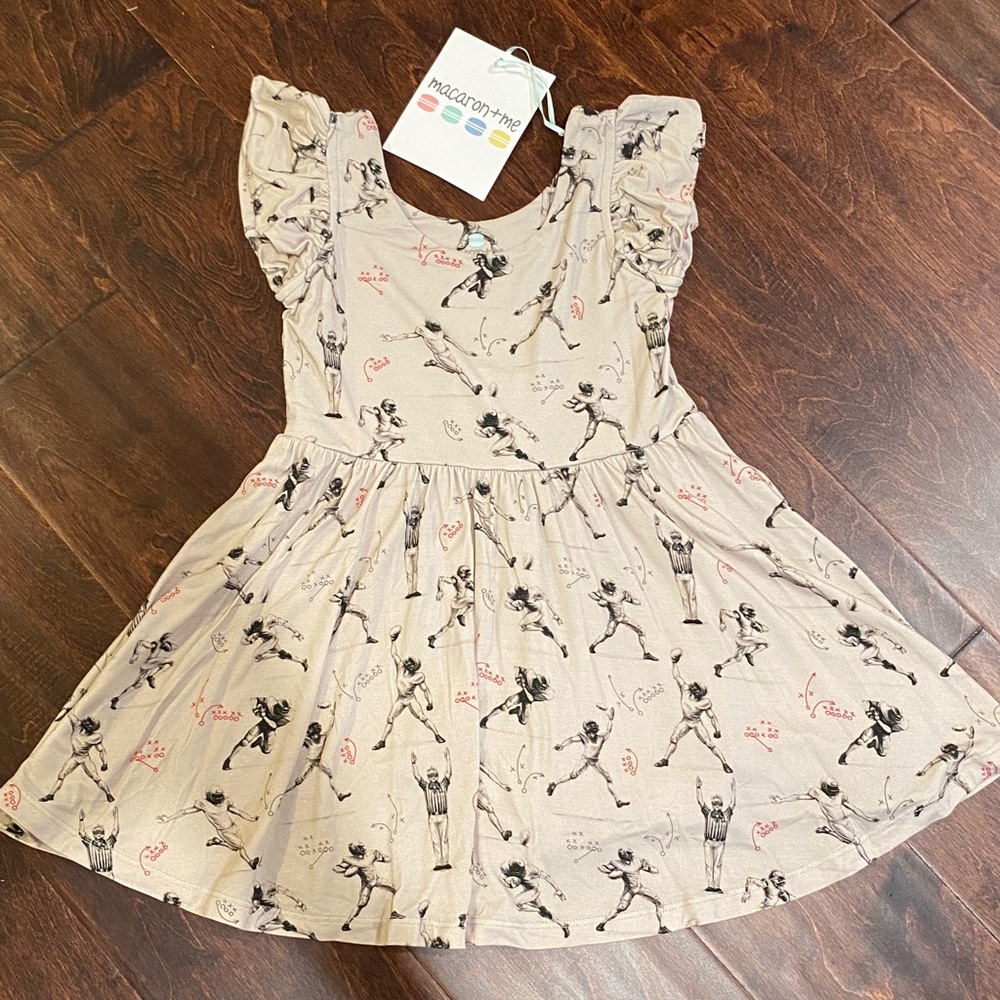 Macaron + Me Bamboo Football ruffled capsleeve twirl dress 3T NWT
